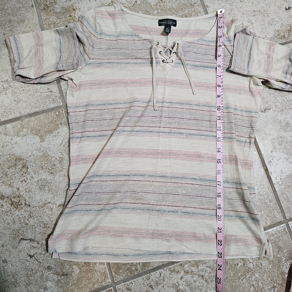 Vintage LRL Jeans Striped Lace-Up Top S Beige Pink Earthy Classic Preppy Boho - Picture 6 of 6